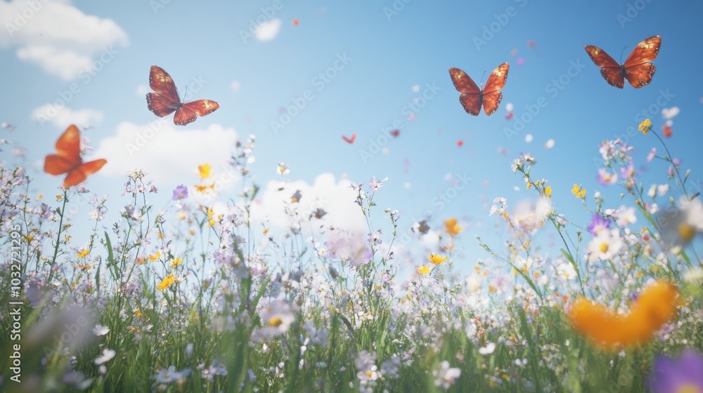 A meadow filled with wildflowers in full bloom, with butterflies fluttering through the air under a clear sky A meadow filled with wildflowers in full bloom, with butterflies fluttering through the air under a clear sky