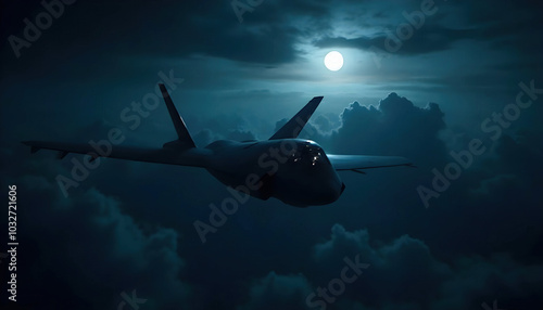 A stealth aircraft soaring through the night sky, silhouetted against a backdrop of twinkling stars. Its sleek design emphasizes advanced technology and silent operation, creating an aura of mystery.
 photo