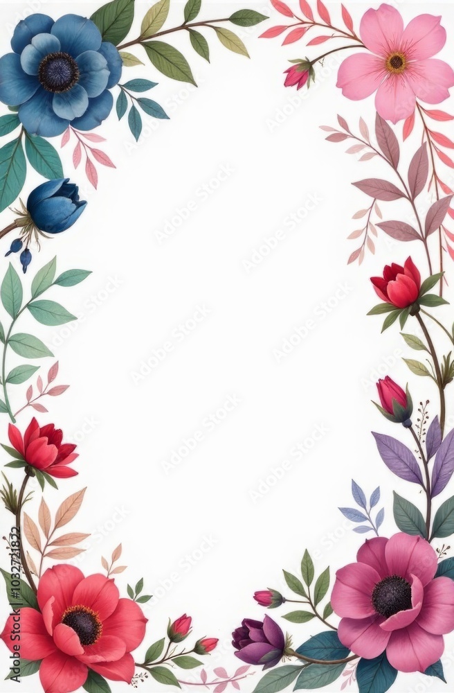 Vertical floral border illustration with vibrant pink, purple, and blue flowers, elegant design and ample copy space Concept: floral frame, elegant invitation, nature border, wedding template, spring Vertical floral border illustration with vibrant pink, purple, and blue flowers, elegant design and ample copy space Concept: floral frame, elegant invitation, nature border, wedding template, spring