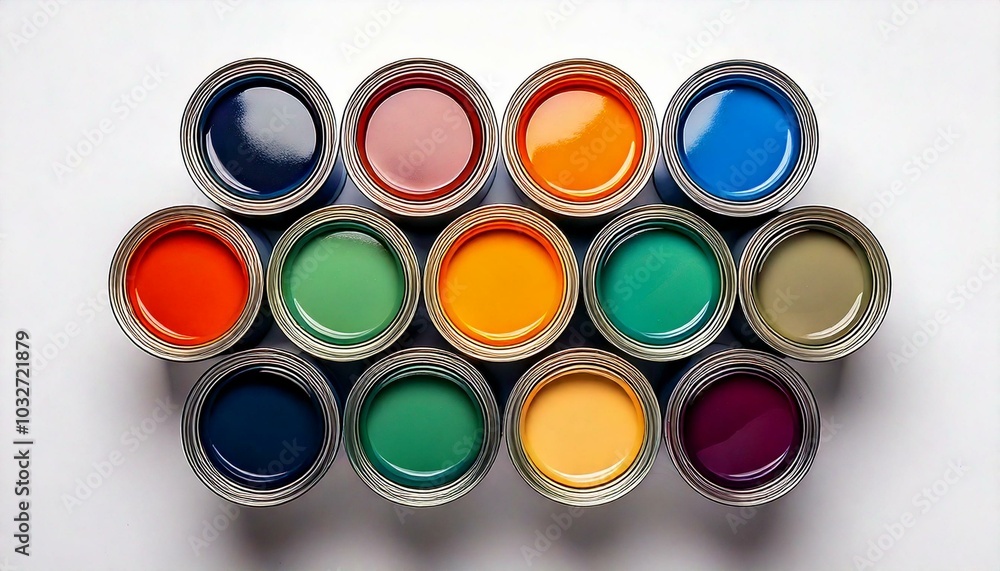 Pots de peinture de différentes couleurs, en plongée sur fond blanc