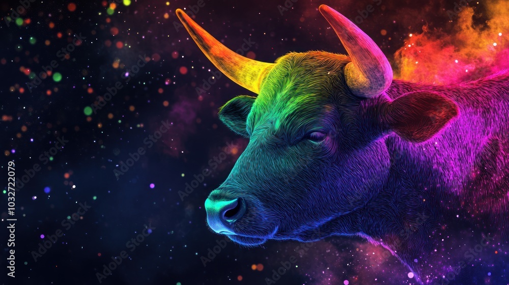 A colorful, cosmic representation of a bull's head against a vibrant, starry background. A colorful, cosmic representation of a bull's head against a vibrant, starry background.