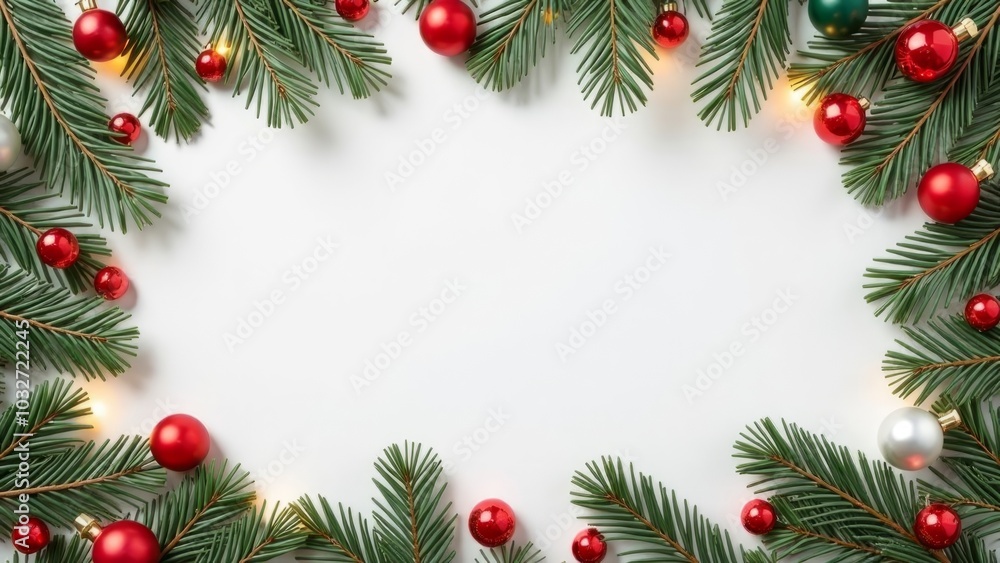 Green Christmas pine branches with red and silver ornaments frame a white background, leaving ample space in the middle for text. The festive decoration creates a holiday-themed banner. Horizontal ima Green Christmas pine branches with red and silver ornaments frame a white background, leaving ample space in the middle for text. The festive decoration creates a holiday-themed banner. Horizontal ima