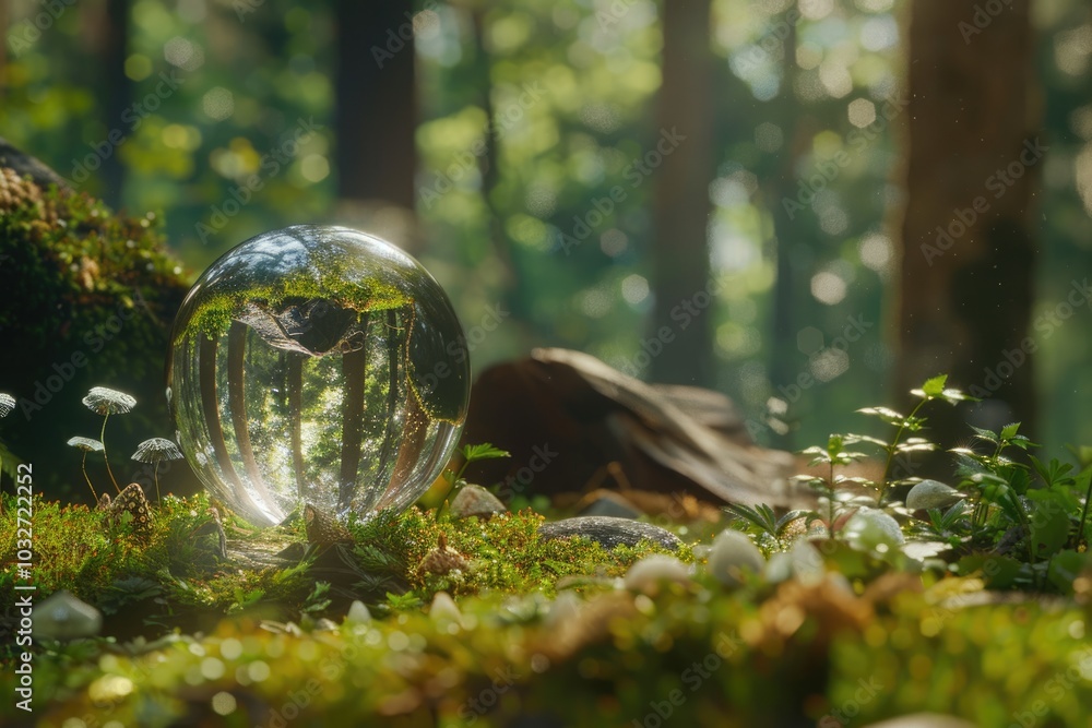 crystal globe resting on moss in a forest environment concept crystal globe resting on moss in a forest environment concept
