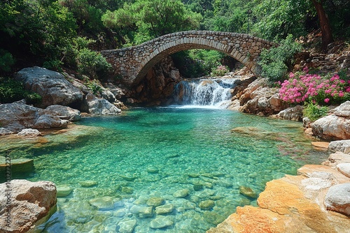 A beautiful, serene body of water with a bridge over it photo