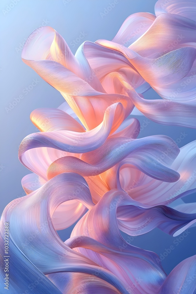 Abstract digital art of flowing, rippling, iridescent fabric in soft pink and blue tones. Abstract digital art of flowing, rippling, iridescent fabric in soft pink and blue tones.