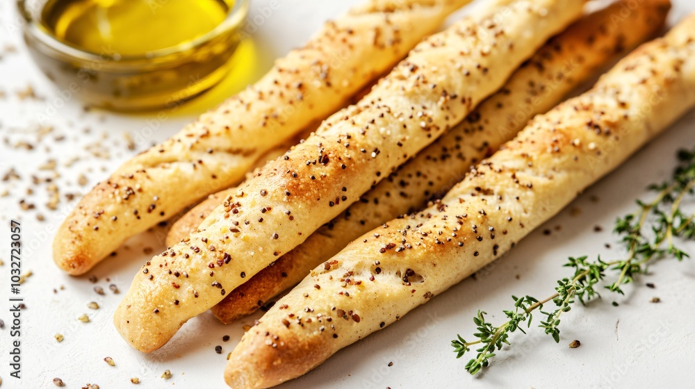 Baked multigrain breadsticks, isolated on a white table with decorative olive oil and thyme Baked multigrain breadsticks, isolated on a white table with decorative olive oil and thyme