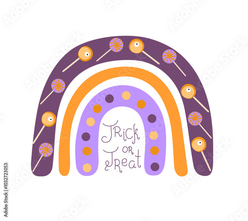 Halloween rainbow Trick or Treat candies, simple hand drawn silhouette illustration in trendy traditional colors, minimalist concept perfect for celebration decor, cards, banners, posters, papercraft