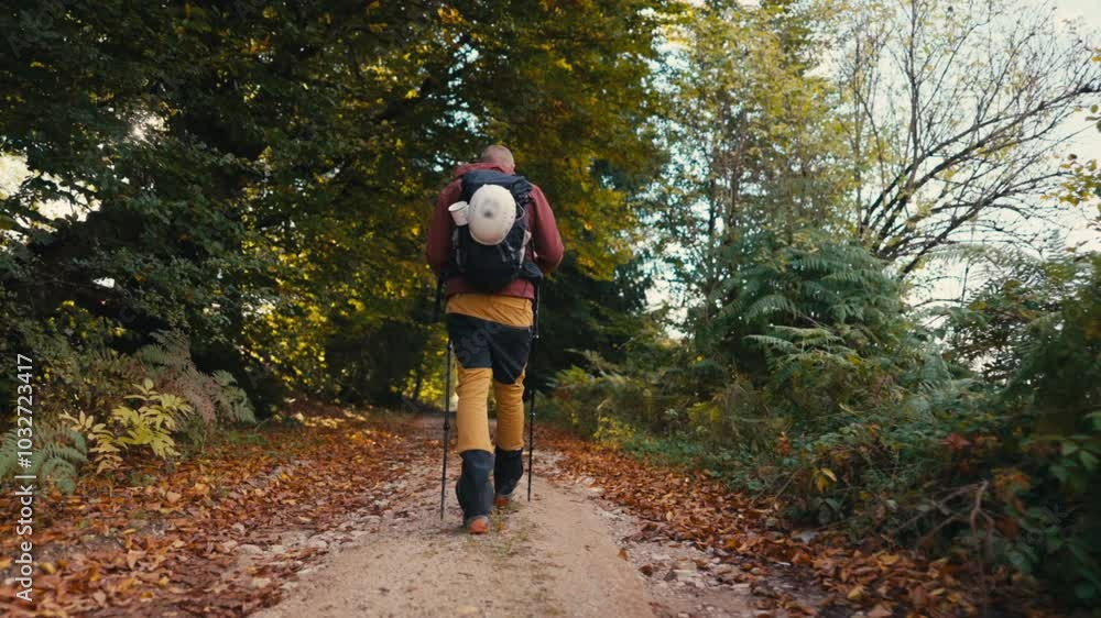 Back view of a Man hiking along a forest path, carrying trekking poles and a backpack with gear. Concept of adventure, outdoor exploration, recreation, autumn backpacking Back view of a Man hiking along a forest path, carrying trekking poles and a backpack with gear. Concept of adventure, outdoor exploration, recreation, autumn backpacking