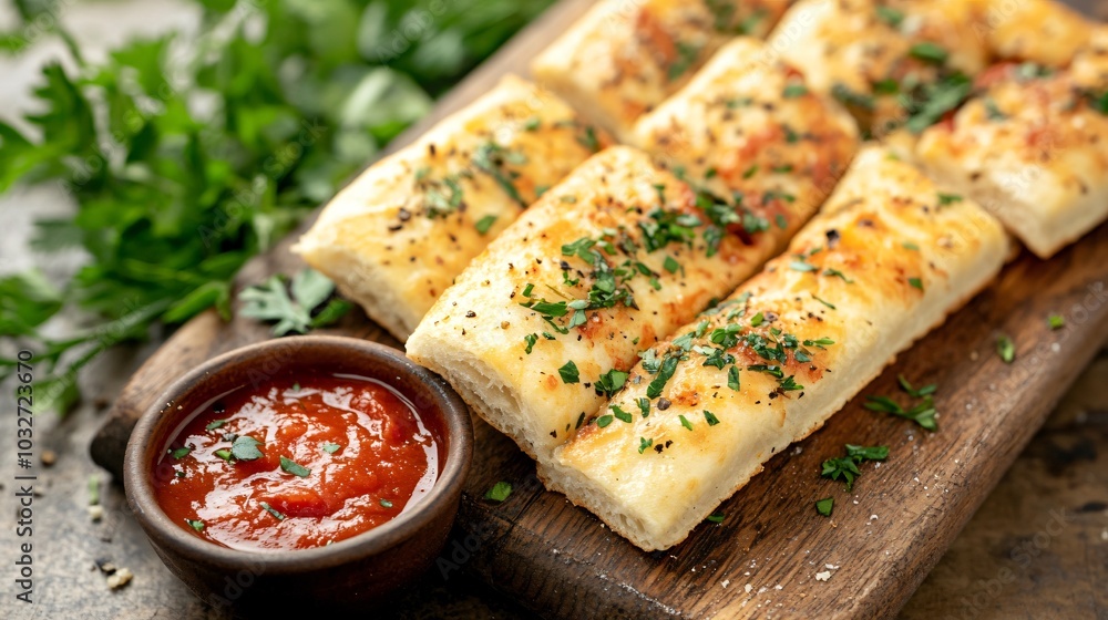 Cheesy breadsticks with garlic butter, isolated on a wooden board with decorative fresh herbs and marinara sauce Cheesy breadsticks with garlic butter, isolated on a wooden board with decorative fresh herbs and marinara sauce