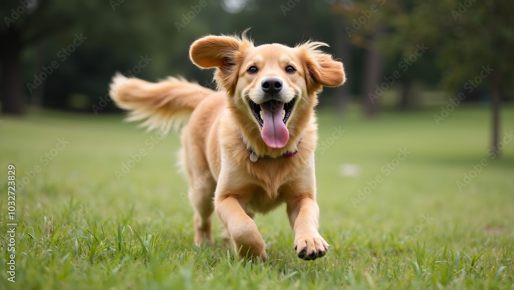 Energetic Golden Retriever frolicking in green park Energetic Golden Retriever frolicking in green park