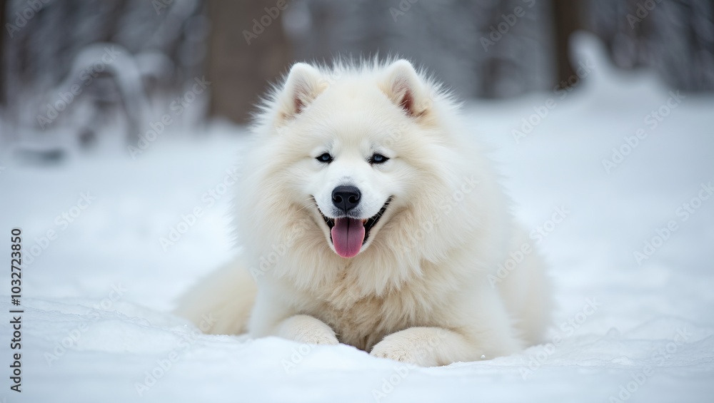 Happy Samoyed dog blending with snow smiling contently Happy Samoyed dog blending with snow smiling contently