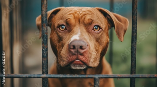 A brown dog looking out from behind a metal fence at a shelter photo