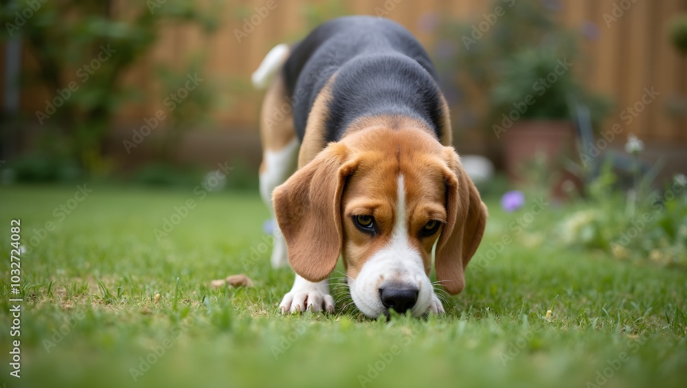 Curious Beagle sniffing in garden tracking scent Curious Beagle sniffing in garden tracking scent