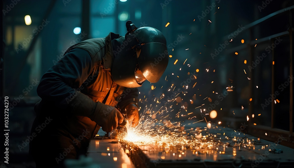 A steelworker in a helmet welding, creating bright sparks that illuminate the industrial workspace. The image captures the intensity and skill involved in metalworking A steelworker in a helmet welding, creating bright sparks that illuminate the industrial workspace. The image captures the intensity and skill involved in metalworking