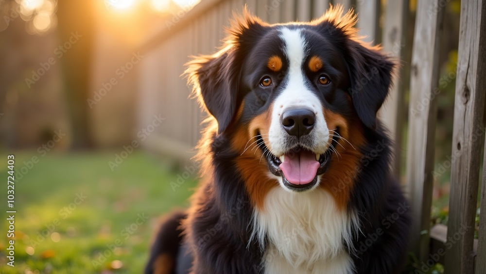 Beautiful Bernese Mountain Dog sitting by wooden fence sunlit coat gleaming Beautiful Bernese Mountain Dog sitting by wooden fence sunlit coat gleaming