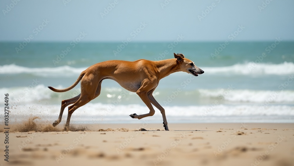 Elegant Greyhound running on beach showcasing speed and grace Elegant Greyhound running on beach showcasing speed and grace