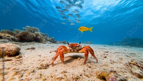 Underwater scene featuring a crab with fish swimming above. photo