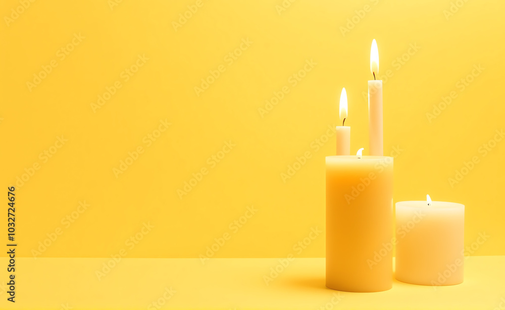 burning candle on a yellow background burning candle on a yellow background