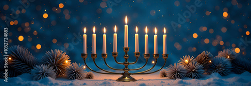 Hanukkah celebration with gifts and candle decorations. The Jewish religion, background with candles photo