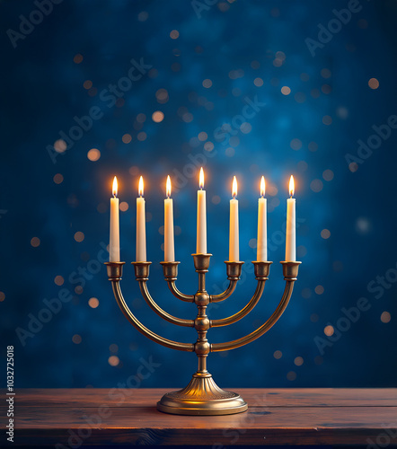 Hanukkah candle holder with candles. Hanukkah celebrations, Jewish religion. photo