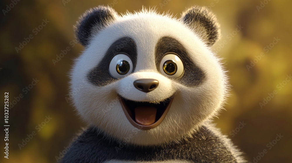 A cartoon panda bear is smiling and looking at the camera A cartoon panda bear is smiling and looking at the camera