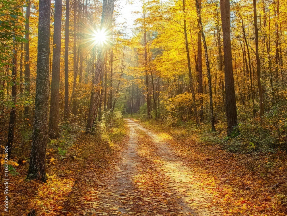 Obraz premium A forest trail blanketed in golden leaves with sunlight streaming through the trees