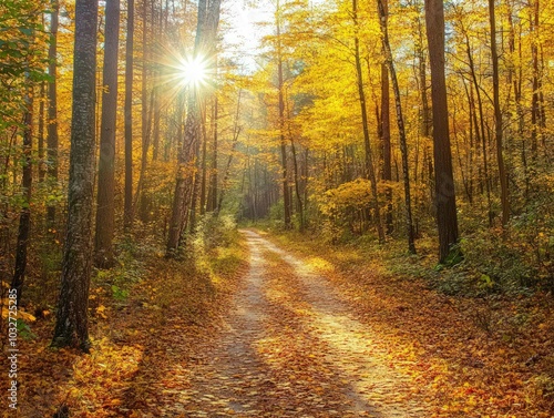 A forest trail blanketed in golden leaves with sunlight streaming through the trees