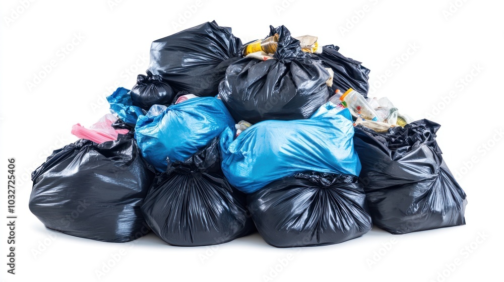 A pile of black and blue garbage bags filled with waste materials. A pile of black and blue garbage bags filled with waste materials.