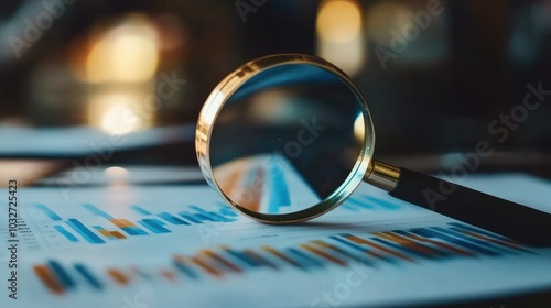 A magnifying glass rests on a colorful data chart, emphasizing analysis and detail.