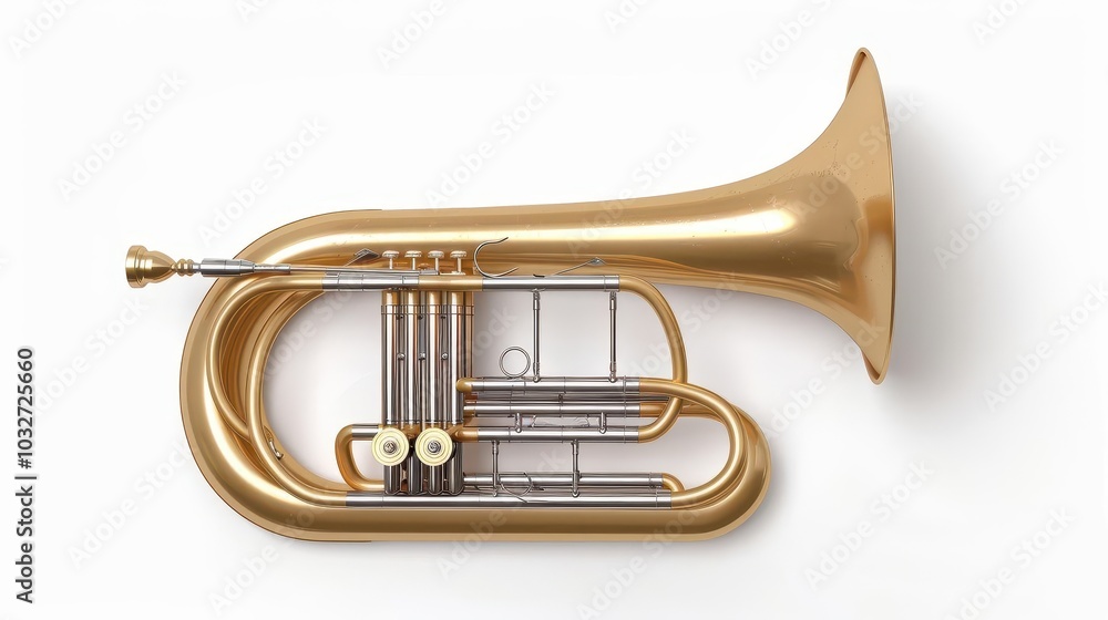 Obraz premium A tuba clipart, brass instrument element, realistic rendering, shiny metal, isolated on white background