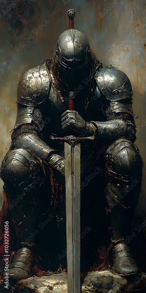 A lone knight in full armor sits with his head bowed, holding his sword ...