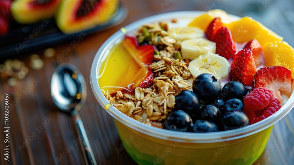 Healthy morning breakfast bowl with fresh fruits and granola for a nutritious start Healthy morning breakfast bowl with fresh fruits and granola for a nutritious start