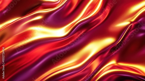 Gradient of crimson to gold metallic liquid background. Abstract neon texture. Rainbow 3d holographic foil. Wavy glossy surface in crimson and gold colors