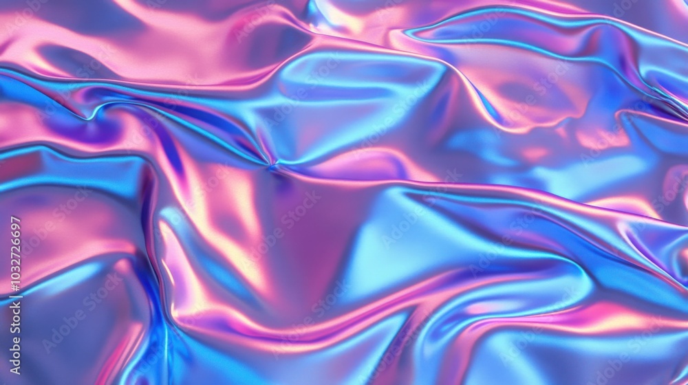 Obraz premium Gradient of fuchsia to blue metallic liquid background. Abstract neon texture. Rainbow 3d holographic foil. Wavy glossy surface in fuchsia and blue colors
