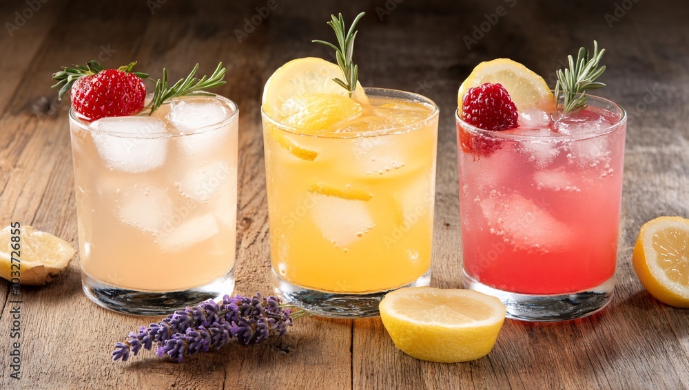 A trio of colorful cocktails garnished with fruits and herbs. A trio of colorful cocktails garnished with fruits and herbs.