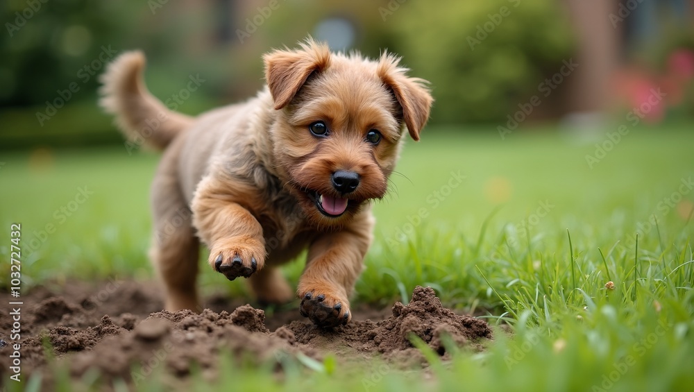 Playful Border Terrier digging in garden fluffy brown fur Playful Border Terrier digging in garden fluffy brown fur
