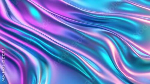 Gradient of periwinkle to teal metallic liquid background. Abstract neon texture. Rainbow 3d holographic foil. Wavy glossy surface in periwinkle and teal colors