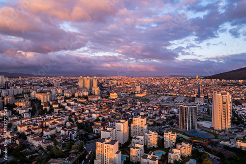 Atasehir District in Istanbul, Turkey. Ataşehir is a modern district with skyscrapers. Atasehir is in the Anatolian part of Istanbul. Drone shot.