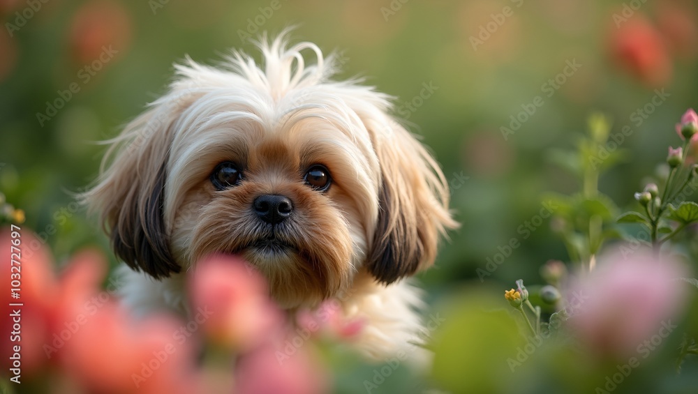Adorable Lhasa Apso in blooming garden fur flowing in breeze Adorable Lhasa Apso in blooming garden fur flowing in breeze