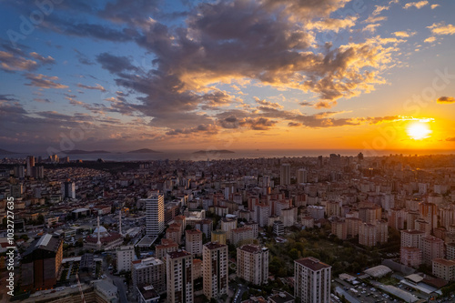 Atasehir District in Istanbul, Turkey. Ataşehir is a modern district with skyscrapers. Atasehir is in the Anatolian part of Istanbul. Drone shot.