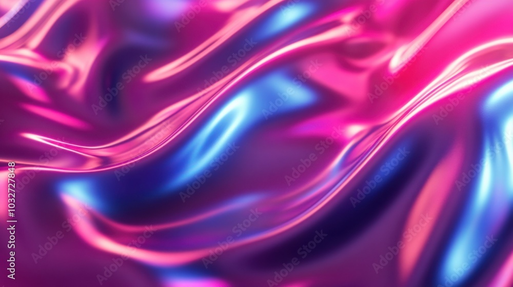Obraz premium Gradient of ruby to sapphire metallic liquid background. Abstract neon texture. Rainbow 3d holographic foil. Wavy glossy surface in ruby and sapphire colors