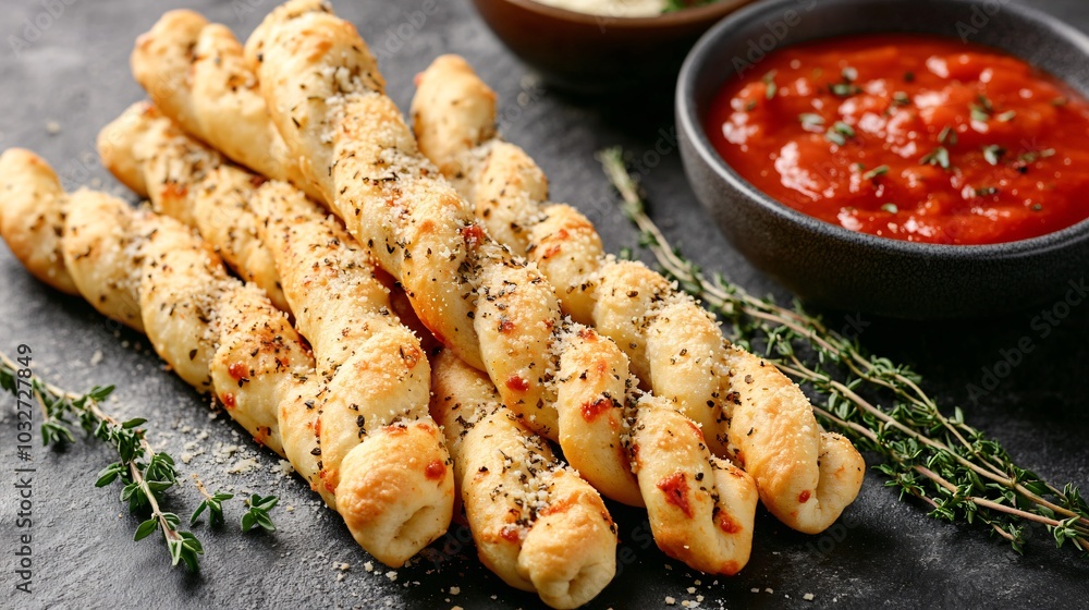 Twisted parmesan breadsticks, isolated on a dark gray background with decorative thyme sprigs and bowls of marinara Twisted parmesan breadsticks, isolated on a dark gray background with decorative thyme sprigs and bowls of marinara