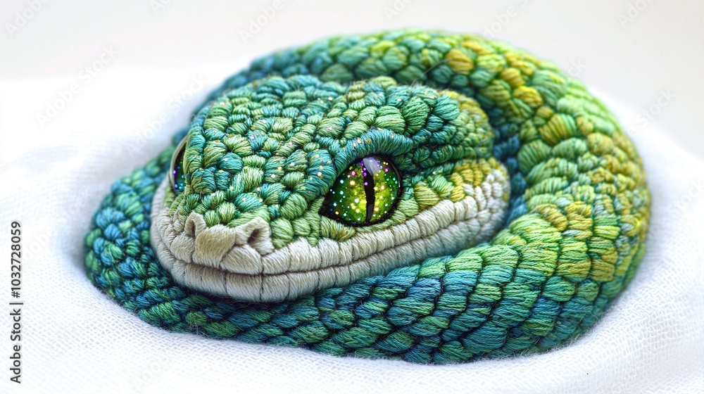 Obraz premium a green and yellow snake with a white cloth background, showing its head on one side