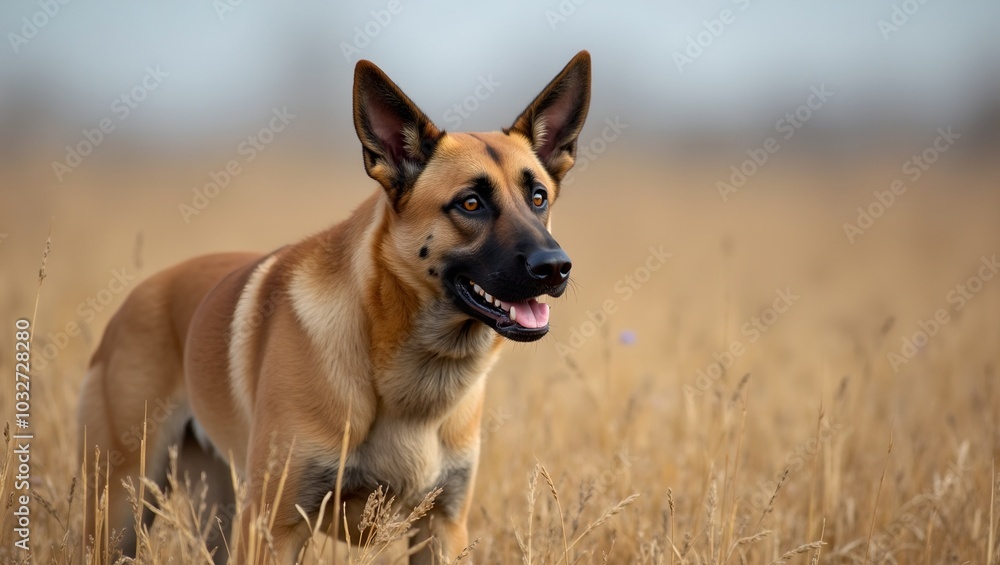 Fototapeta premium Energetic Belgian Malinois in open field exuding focus