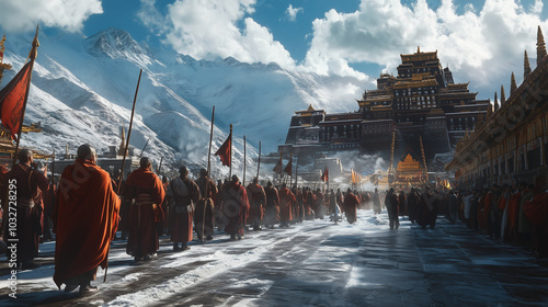 Galdan Namchot procession at a temple in Lhasa, monks with serene faces holding prayer sticks while lining up, majestic mountains and snow-capped temples in the background, Ai generated images photo