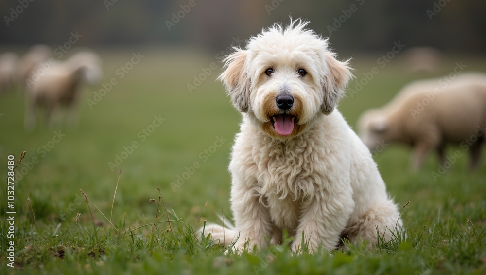 Loyal Old English Sheepdog in lush pasture watching over sheep with shaggy fur covering its eyes Loyal Old English Sheepdog in lush pasture watching over sheep with shaggy fur covering its eyes
