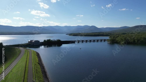 ashokan reservoir promenade public park (rail trail bike lane pedestrian walking hiking path) aerial drone footage looking down (bridge, catskill mountains) catskills hudson valley upstate new york photo