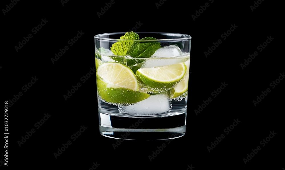 A refreshing drink with lime, mint, and ice in a glass. A refreshing drink with lime, mint, and ice in a glass.