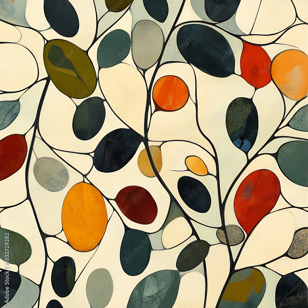 Abstract Organic background, pebble-like shapes in green, cream, and muted metallic tones, contrasted with bright pops of deep red, orange, and cobalt blue Abstract Organic background, pebble-like shapes in green, cream, and muted metallic tones, contrasted with bright pops of deep red, orange, and cobalt blue