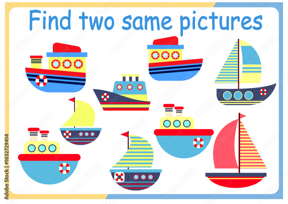 Find two identical pictures kids puzzles vector illustration. Activity for preschool children with comparing objects and finding 2 identical ones.
Find two identical pictures kids puzzles vector illustration. Activity for preschool children with comparing objects and finding 2 identical ones.